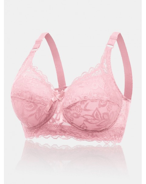 Women Lace Trim Floral Bowknot Push Up Comfortable Bras - White D 36