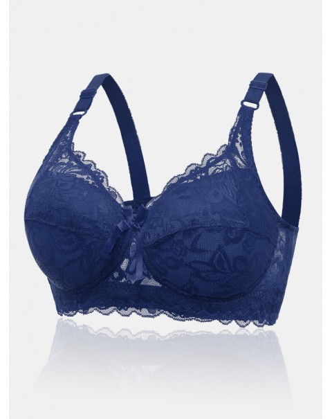 Women Lace Trim Floral Bowknot Push Up Comfortable Bras - White D 36