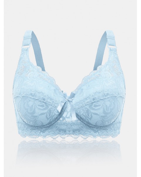 Women Lace Trim Floral Bowknot Push Up Comfortable Bras - White D 36