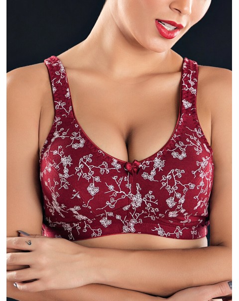 KISSLACE Plus Size Floral Printed Wireless Full Coverage Comfy Bra - DD 46 Wine Red