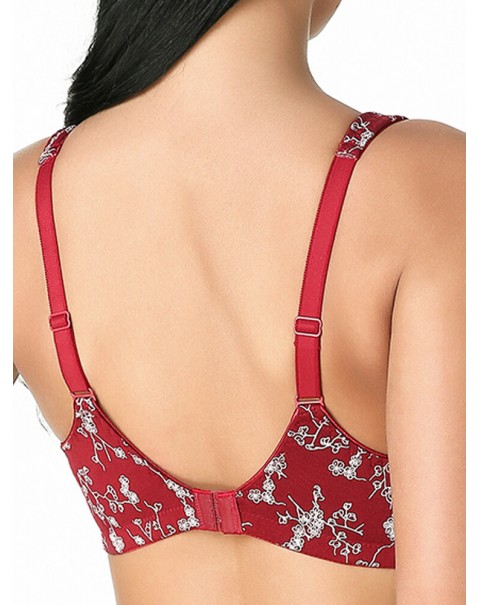 KISSLACE Plus Size Floral Printed Wireless Full Coverage Comfy Bra - DD 46 Wine Red