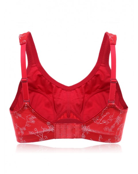 KISSLACE Plus Size Floral Printed Wireless Full Coverage Comfy Bra - DD 46 Wine Red