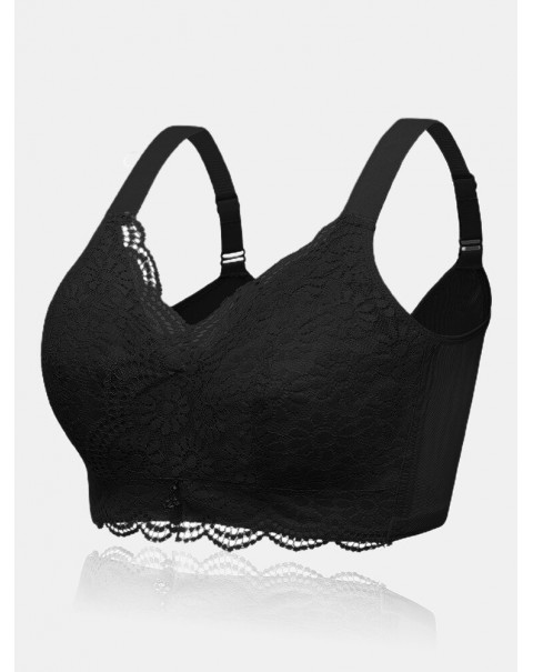 Women Solid Color Wide Shoulder Straps Lace Jacquard Wireless Gather Bra - Grey B 46