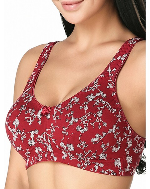 KISSLACE Plus Size Floral Printed Wireless Full Coverage Comfy Bra - DD 46 Wine Red