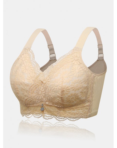 Women Solid Color Wide Shoulder Straps Lace Jacquard Wireless Gather Bra - Grey B 46