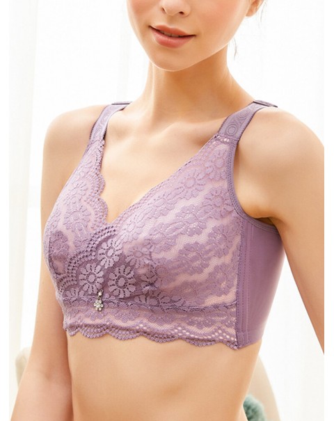 Women Solid Color Wide Shoulder Straps Lace Jacquard Wireless Gather Bra - Grey B 46