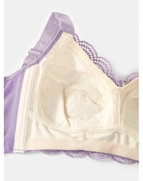 Women Solid Color Wide Shoulder Straps Lace Jacquard Wireless Gather Bra - Grey B 46