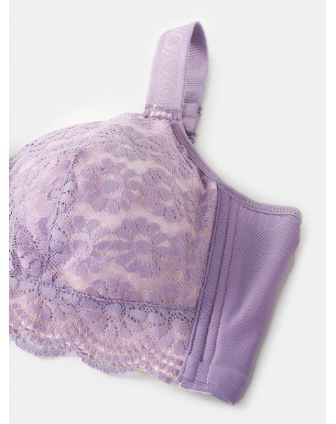Women Solid Color Wide Shoulder Straps Lace Jacquard Wireless Gather Bra - Grey B 46