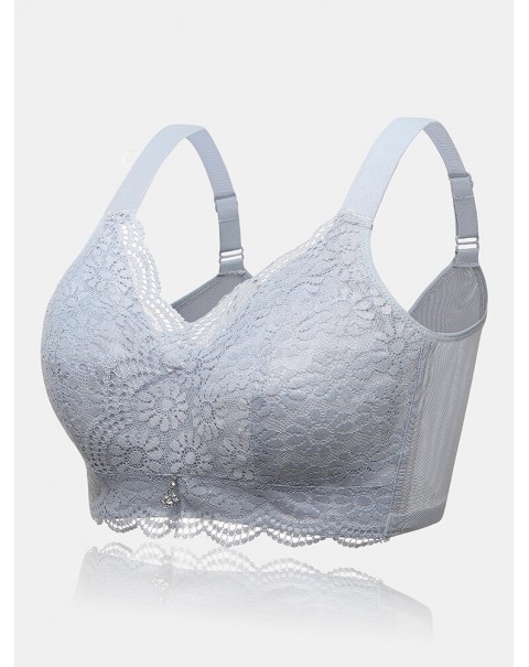 Women Solid Color Wide Shoulder Straps Lace Jacquard Wireless Gather Bra - Grey B 46