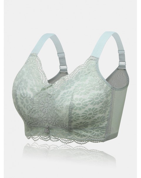 Women Solid Color Wide Shoulder Straps Lace Jacquard Wireless Gather Bra - Grey B 46