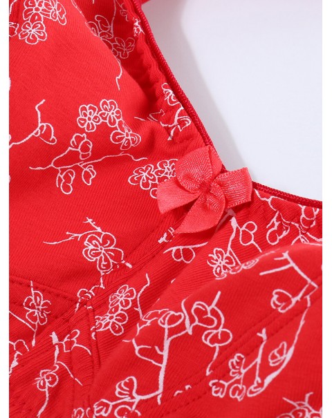 KISSLACE Plus Size Floral Printed Wireless Full Coverage Comfy Bra - DD 46 Wine Red
