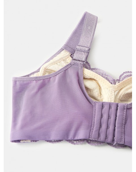 Women Solid Color Wide Shoulder Straps Lace Jacquard Wireless Gather Bra - Grey B 46
