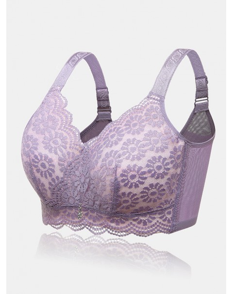 Women Solid Color Wide Shoulder Straps Lace Jacquard Wireless Gather Bra - Grey B 46