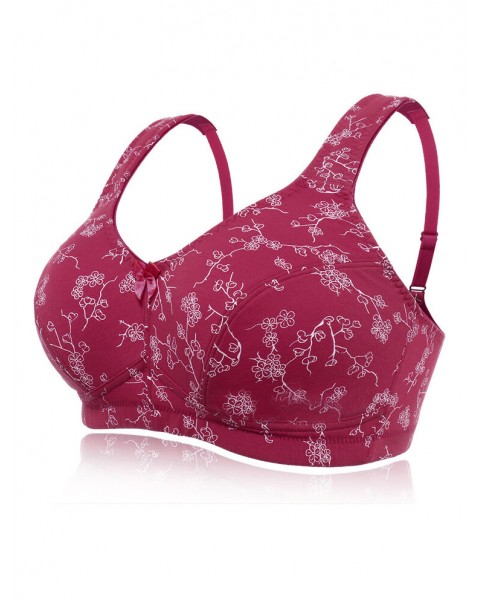 KISSLACE Plus Size Floral Printed Wireless Full Coverage Comfy Bra - DD 46 Wine Red