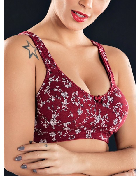 KISSLACE Plus Size Floral Printed Wireless Full Coverage Comfy Bra - DD 46 Wine Red
