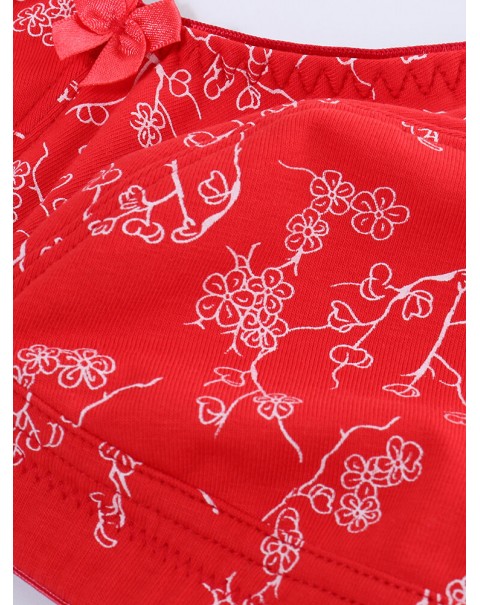 KISSLACE Plus Size Floral Printed Wireless Full Coverage Comfy Bra - DD 46 Wine Red