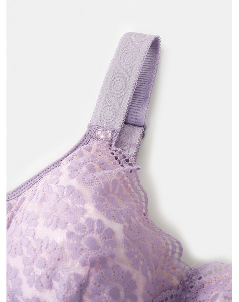Women Solid Color Wide Shoulder Straps Lace Jacquard Wireless Gather Bra - Grey B 46