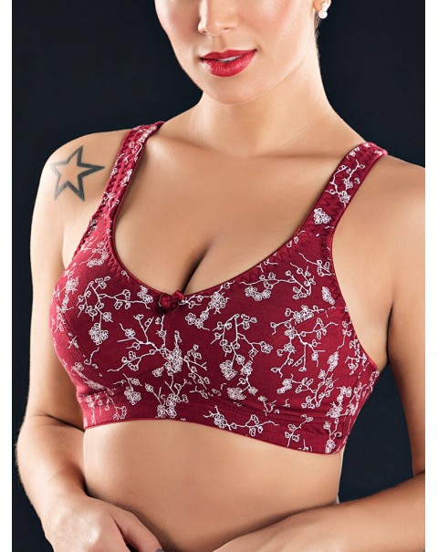 KISSLACE Plus Size Floral Printed Wireless Full Coverage Comfy Bra - DD 46 Wine Red
