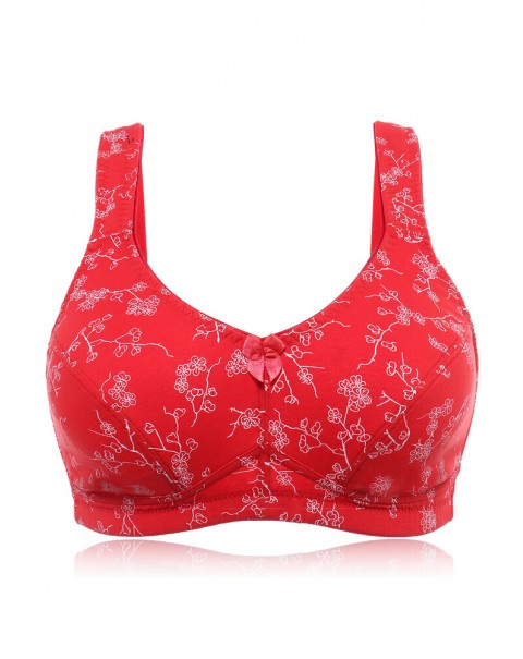 KISSLACE Plus Size Floral Printed Wireless Full Coverage Comfy Bra - DD 46 Wine Red