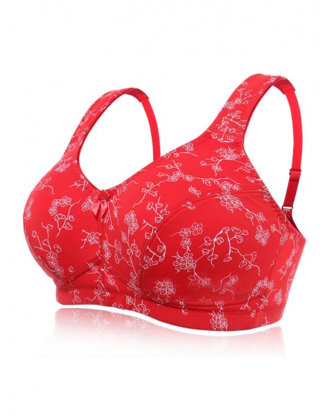KISSLACE Plus Size Floral Printed Wireless Full Coverage Comfy Bra - DD 46 Wine Red