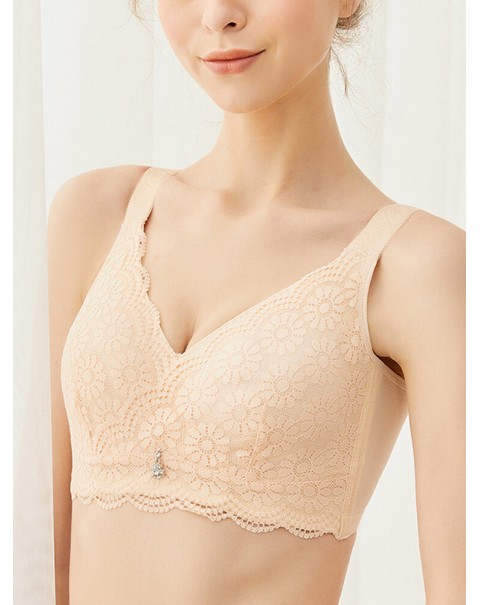 Women Solid Color Wide Shoulder Straps Lace Jacquard Wireless Gather Bra - Grey B 46