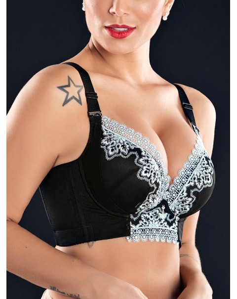 Lace Embroidery Adjustable Lightly Lined Gather Wireless Bra - A 32 Black
