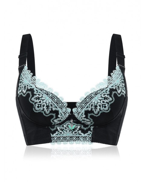 Lace Embroidery Adjustable Lightly Lined Gather Wireless Bra - A 32 Black