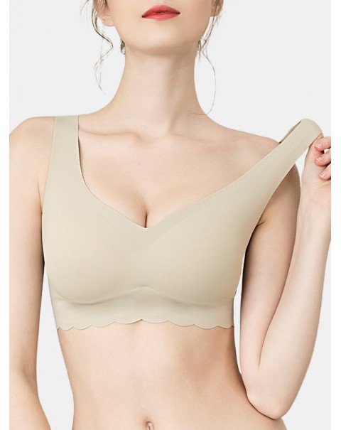 Plus Size Women Solid Seamless Wireless Elastic Thin Back Closure Sleep Bra - Pink 10