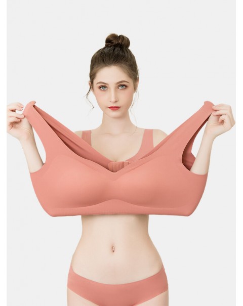 Plus Size Women Solid Seamless Wireless Elastic Thin Back Closure Sleep Bra - Pink 10