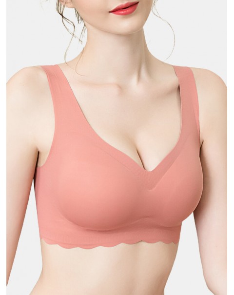 Plus Size Women Solid Seamless Wireless Elastic Thin Back Closure Sleep Bra - Pink 10