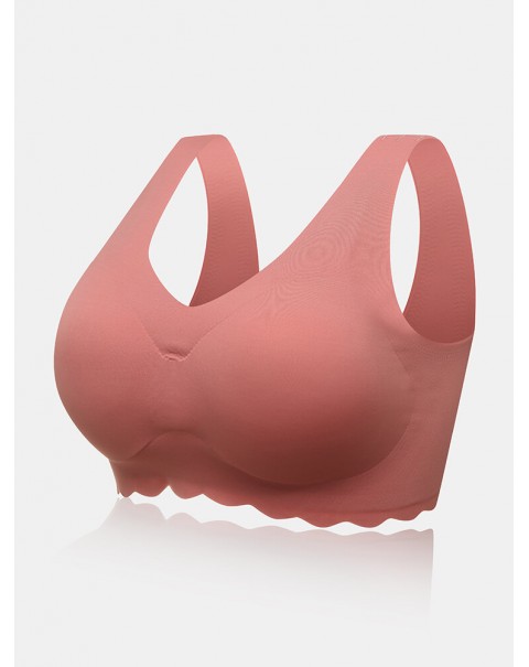 Plus Size Women Solid Seamless Wireless Elastic Thin Back Closure Sleep Bra - Pink 10