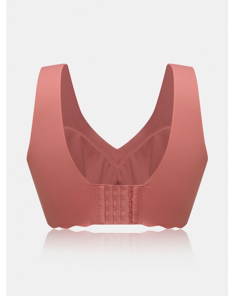 Plus Size Women Solid Seamless Wireless Elastic Thin Back Closure Sleep Bra - Pink 10