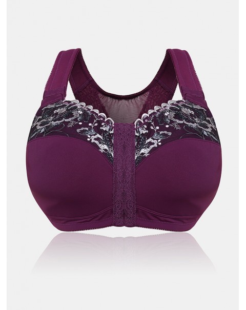 Floral Lace Wireless Plus Size Wireless Full Coverage Posture Bra - White C