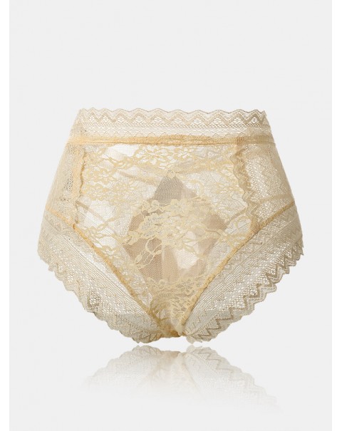 Women Floral Lace See Through Breathable High Waisted Panties - Red 6
