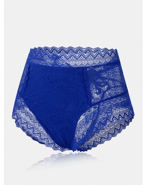 Women Floral Lace See Through Breathable High Waisted Panties - Red 6