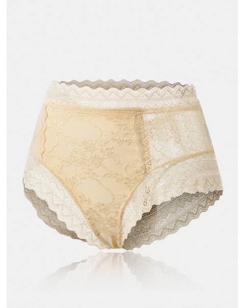 Women Floral Lace See Through Breathable High Waisted Panties - Red 6