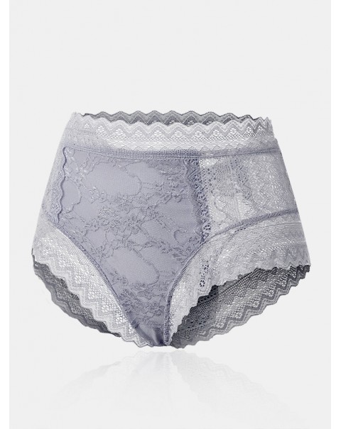 Women Floral Lace See Through Breathable High Waisted Panties - Red 6