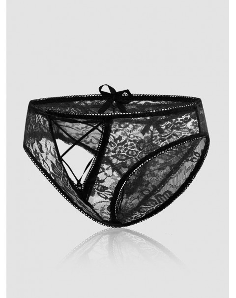 Women Floral Lace See Through Open Crotch Bowknot Ribbon Soft Panties - Navy 4