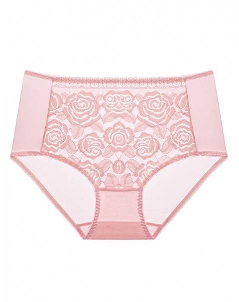 Women Underwear Plus Size Floral Embroidery Lace-trim Mid Waist Mesh Panties - 10 Beige
