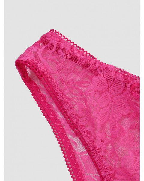 Women Floral Lace See Through Open Crotch Bowknot Ribbon Soft Panties - Navy 4