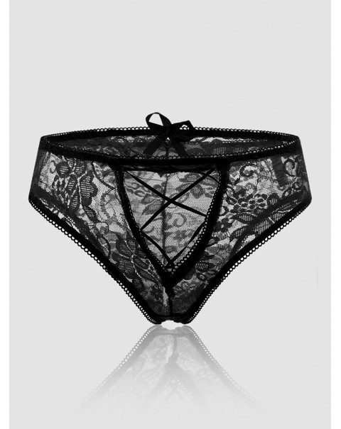 Women Floral Lace See Through Open Crotch Bowknot Ribbon Soft Panties - Navy 4