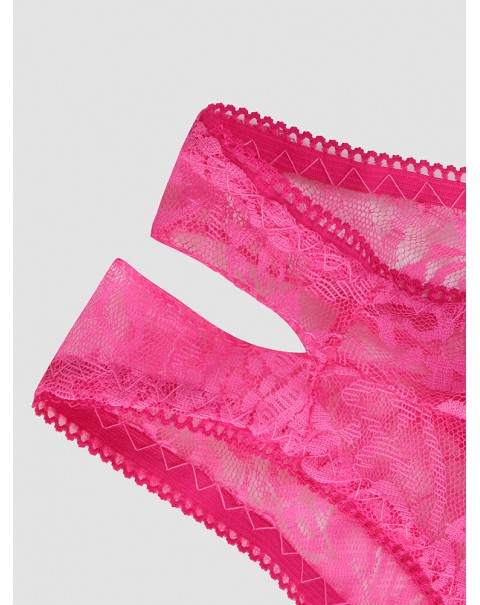 Women Floral Lace See Through Open Crotch Bowknot Ribbon Soft Panties - Navy 4
