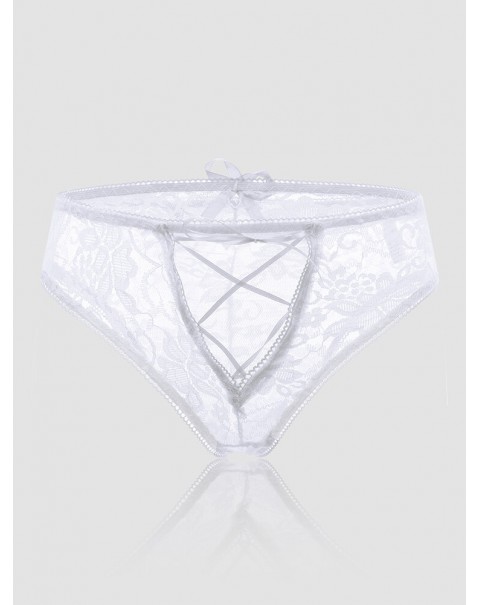 Women Floral Lace See Through Open Crotch Bowknot Ribbon Soft Panties - Navy 4