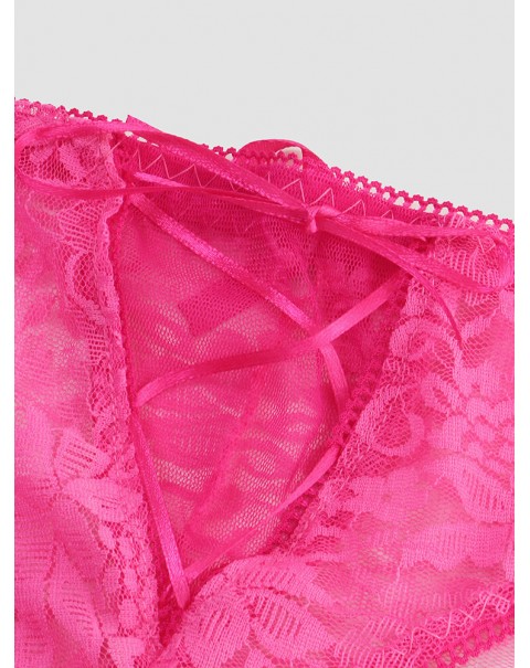 Women Floral Lace See Through Open Crotch Bowknot Ribbon Soft Panties - Navy 4