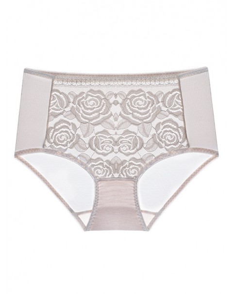 Women Underwear Plus Size Floral Embroidery Lace-trim Mid Waist Mesh Panties - 10 Beige