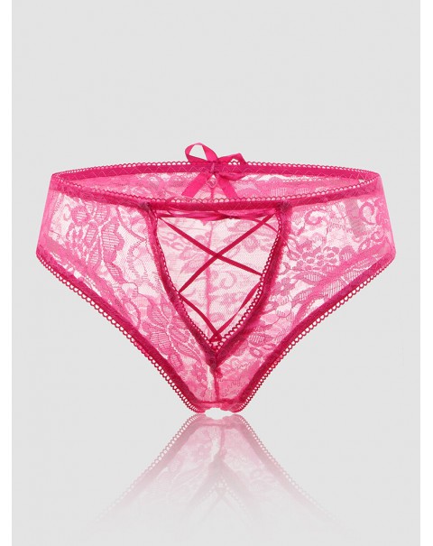 Women Floral Lace See Through Open Crotch Bowknot Ribbon Soft Panties - Navy 4