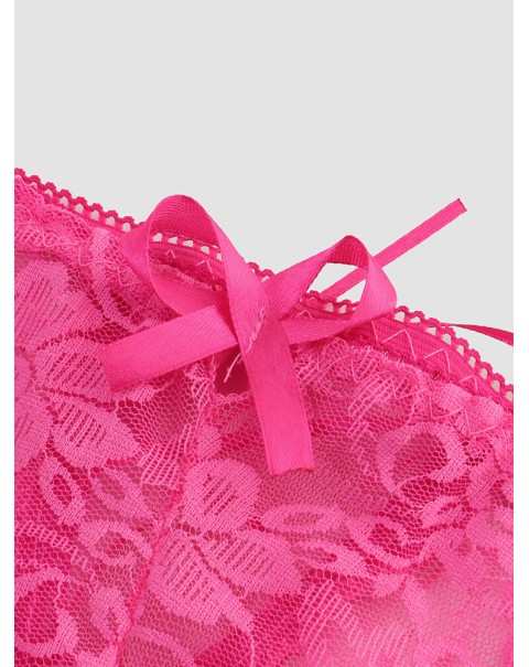 Women Floral Lace See Through Open Crotch Bowknot Ribbon Soft Panties - Navy 4