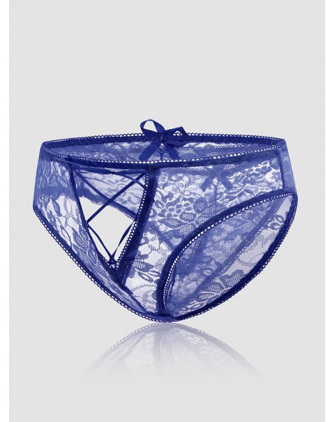 Women Floral Lace See Through Open Crotch Bowknot Ribbon Soft Panties - Navy 4