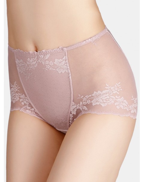 Women Translucent Lace See Through High Waist Thin Lingerie Panties - Pink 14