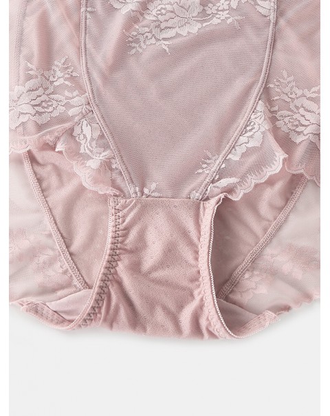 Women Translucent Lace See Through High Waist Thin Lingerie Panties - Pink 14